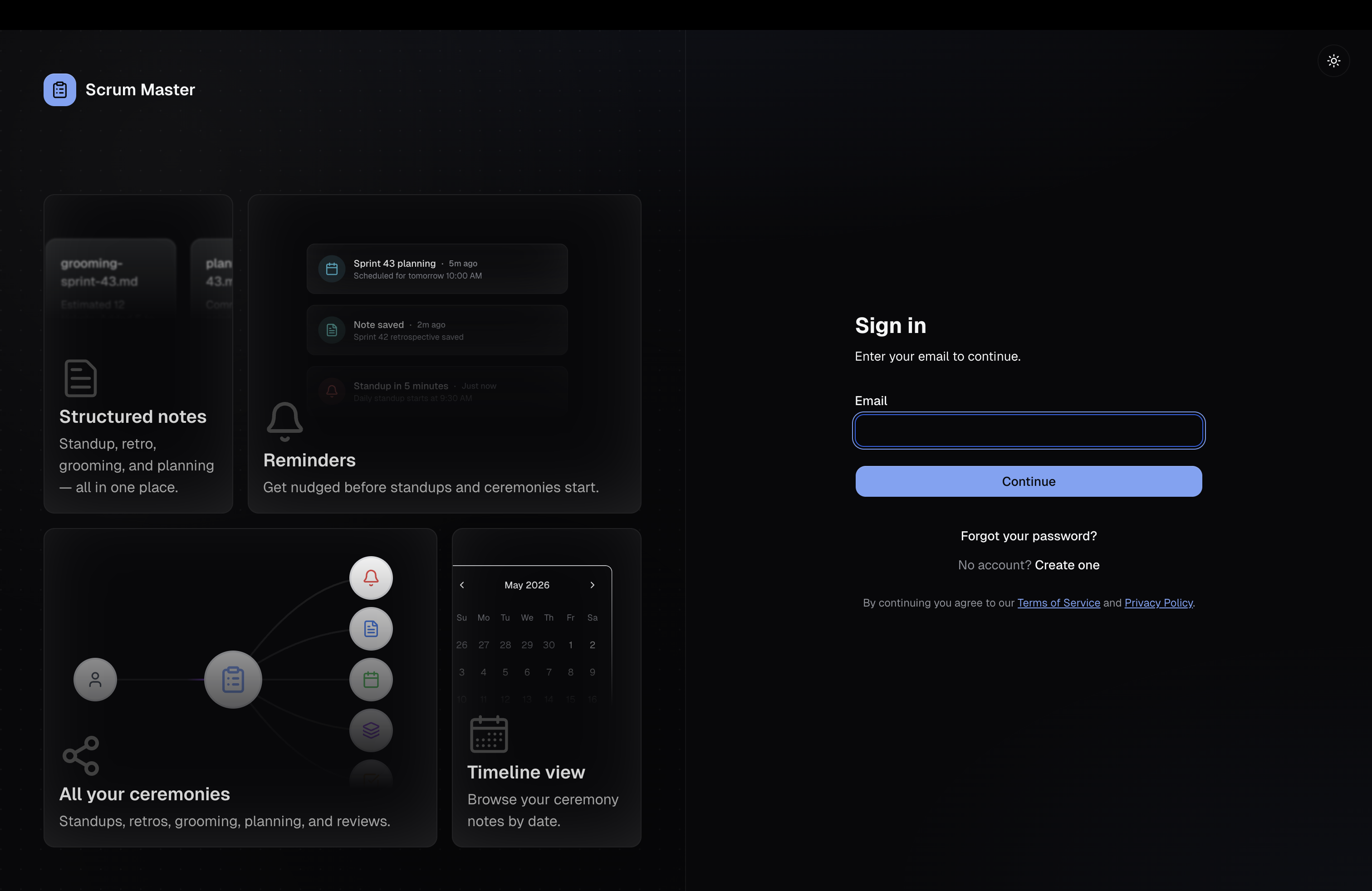 Scrum Master login page showing app feature highlights